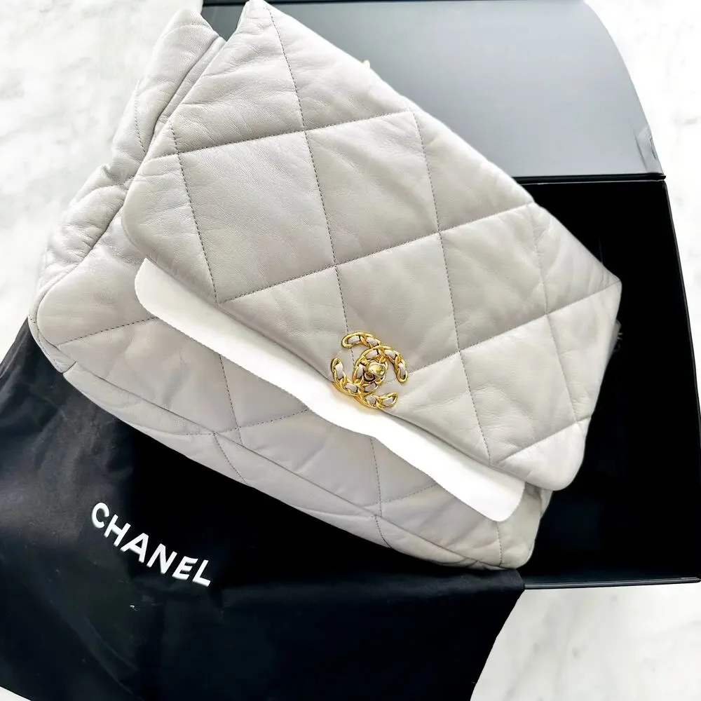 Chanel 19 Goatskin Quilted Medium Flap Purse Grey Tri-Color Chain Full Set & Box